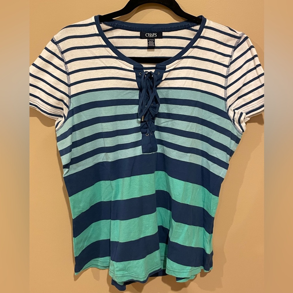 Chaps Women's Short Sleeve Stripe Lace-Up Tee, Multi color